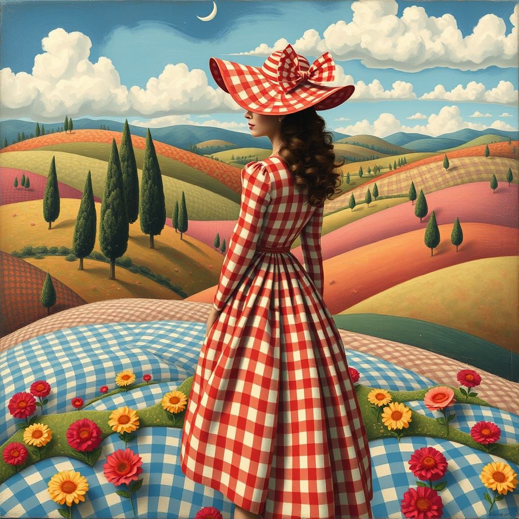 Surrealist Gingham Goddess in Whimsical Landscape
