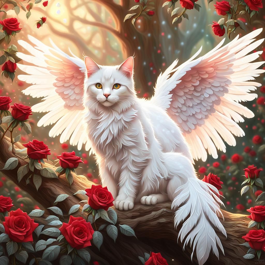 Winged Cat in Rose Tree: Ethereal Fantasy Art