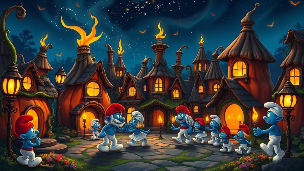 Glowing Pumpkin Village with Dancing Smurfs