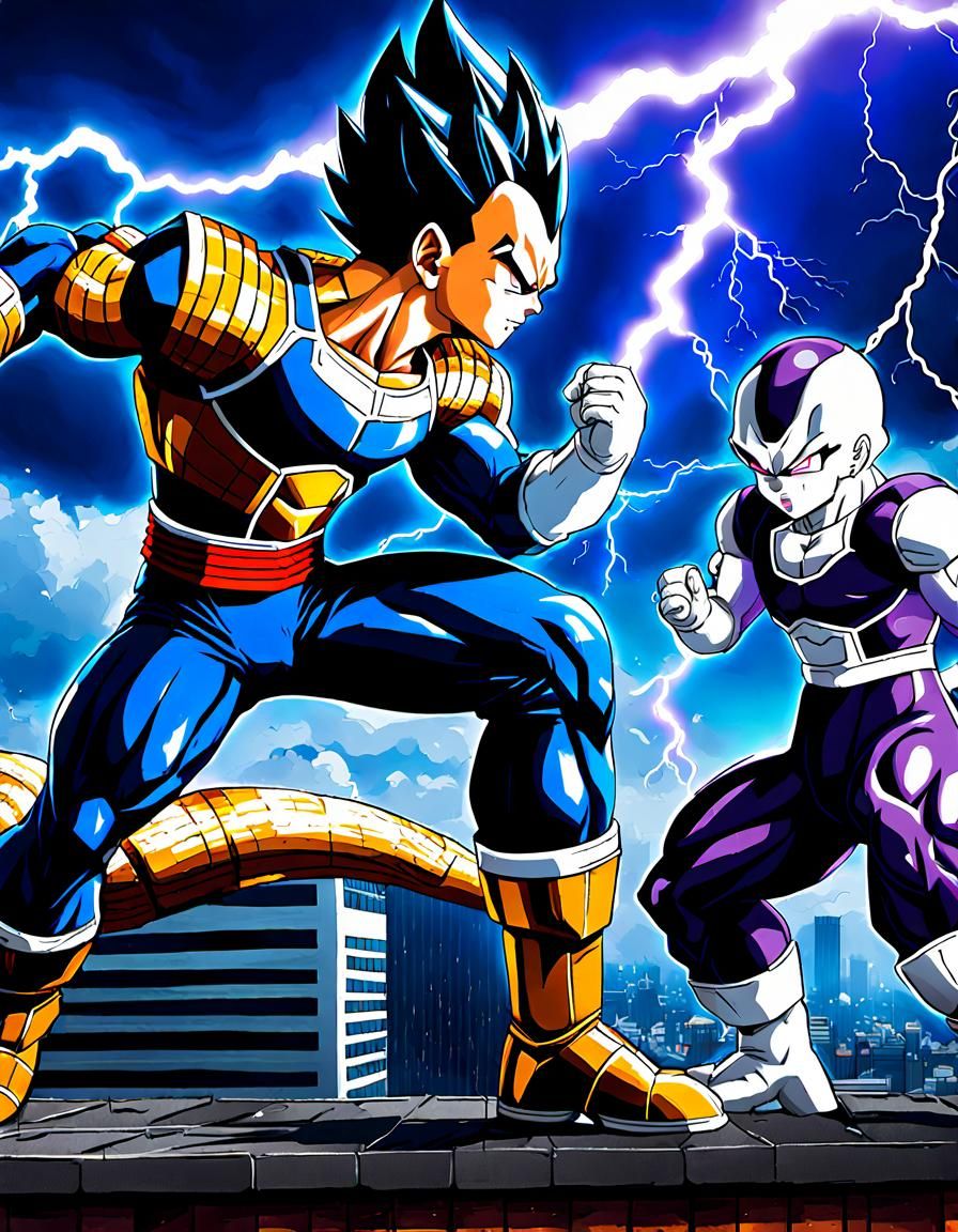 Vegeta and Frieza Rooftop Battle in Painted Anime Style