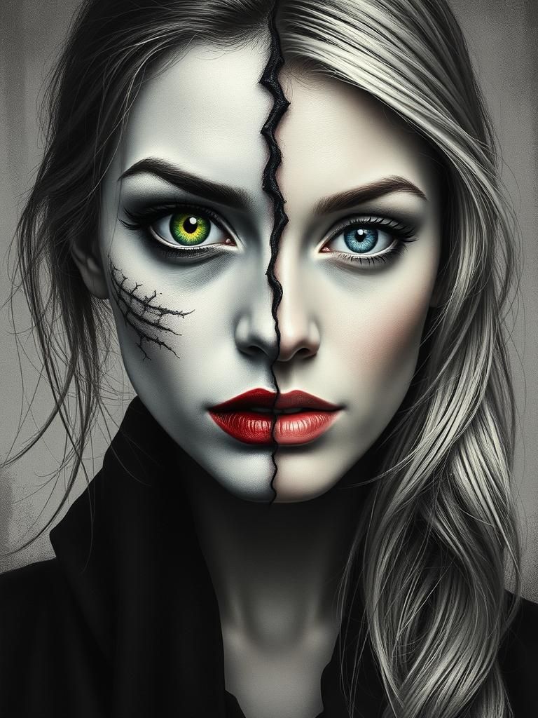 Noir Split Portrait: Human and Vampire Duality