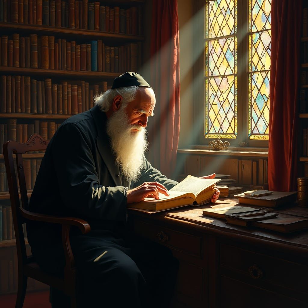 Rabbi Study in Rembrandt Style with Stained Glass
