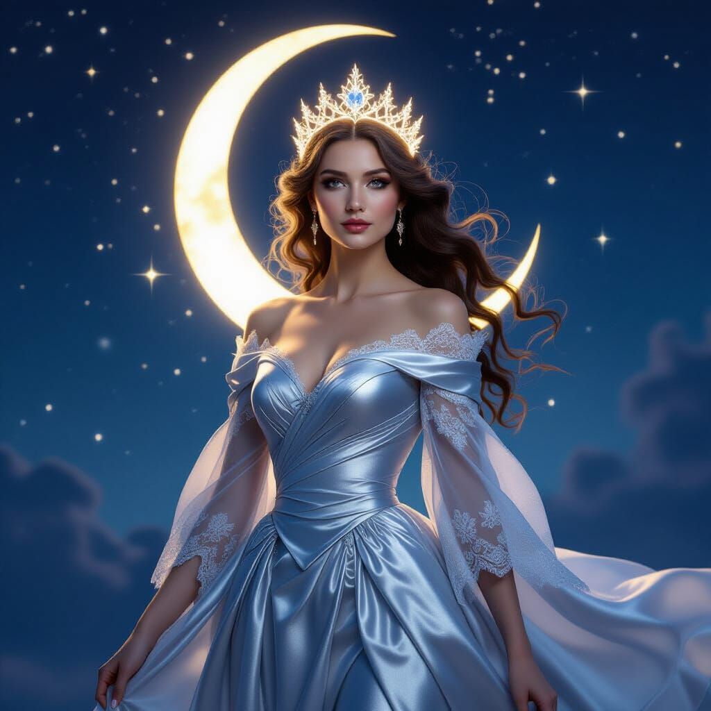 Victorian Moon Queen in Silver Gown with Starlight
