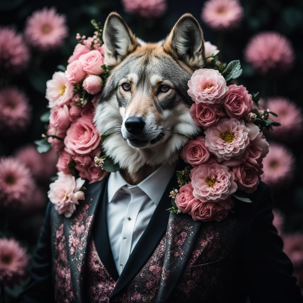 Wolf-Headed Man in Suit Surrounded by Pink Flowers