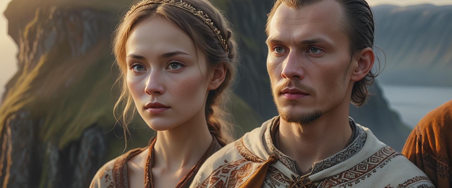 Slavic Man and Icelandic Wife in Misty Landscape