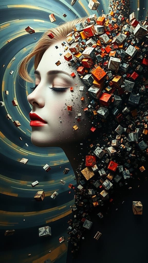 Woman Disintegrating into Geometric Fragments