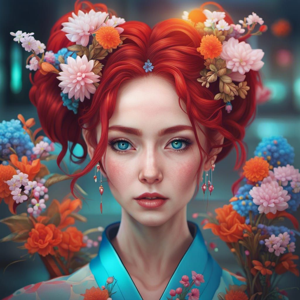 Girl in Hanbok with Synthwave Neon Style