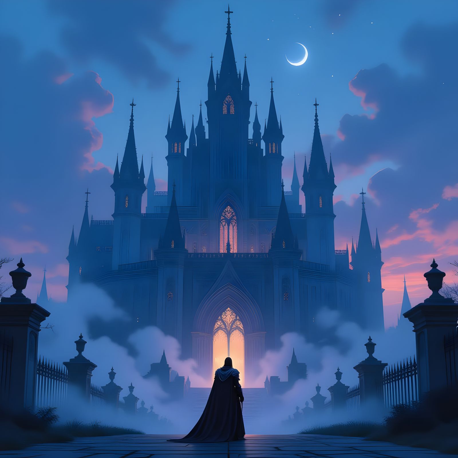 Knight in Gleaming Armor Before Ancient Castle at Twilight