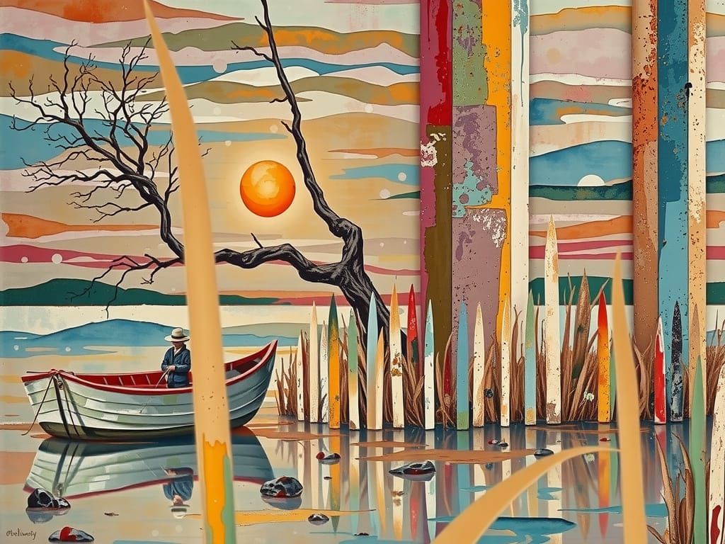 Impasto Sunset Scene with Fisherman and Twisted Tree