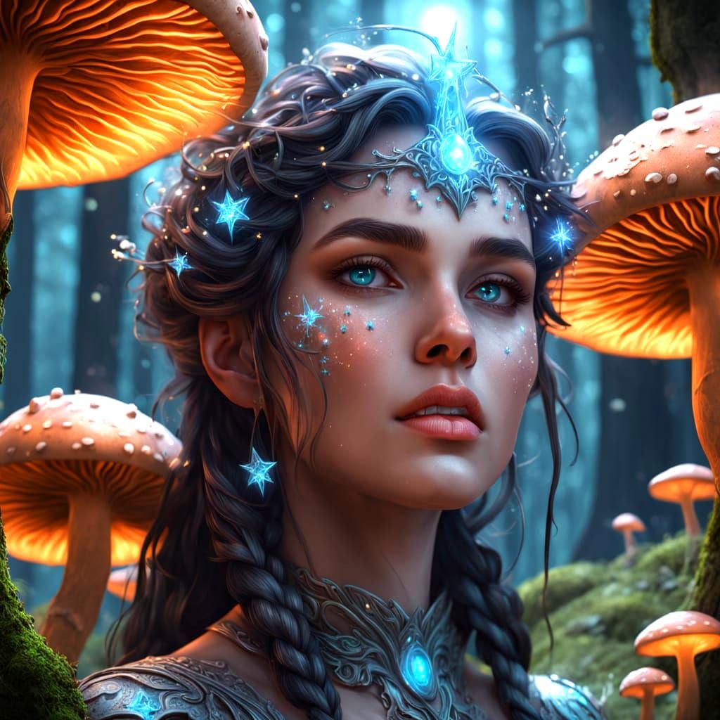 Bioluminescent Starlight Woman Overlooks Glowing Mushroom Fo...