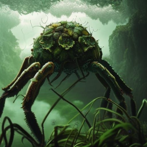 Giant Algae-Covered Crab in Overgrown Landscape