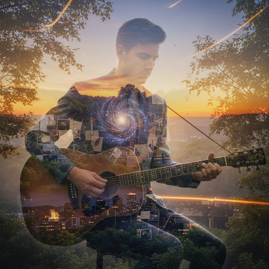 Surreal Double Exposure: Man, City, Nature, Sunset