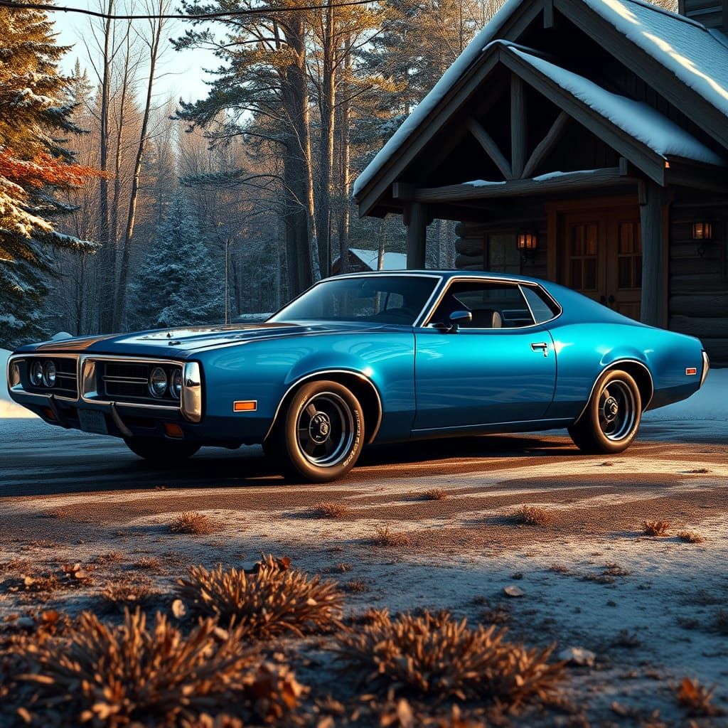 Vintage Dodge Charger Beside Rustic Vermont Cabin