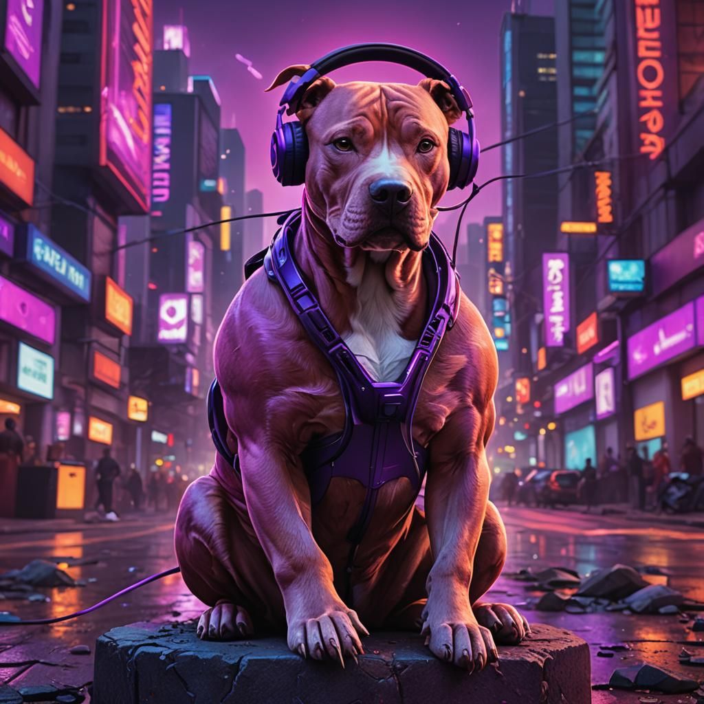 Red Pitbull sitting in a bright purple neon city wearing a p...