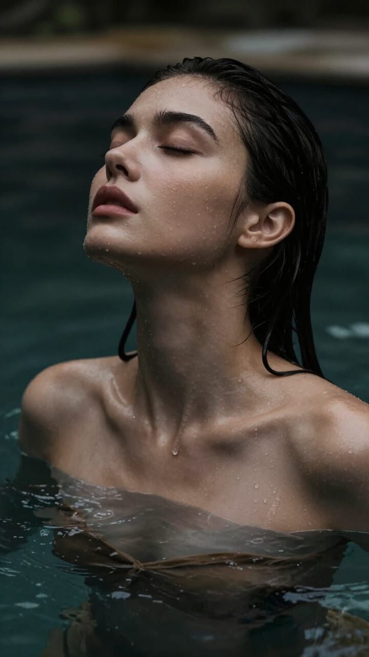 Woman Emerging from Water in Abandoned Pool