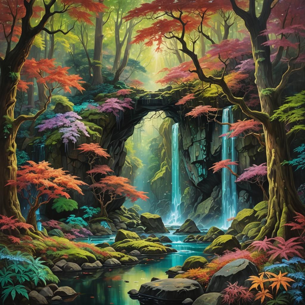 Magical Forest with Glowing Cave, Astral Cosmic Illustration