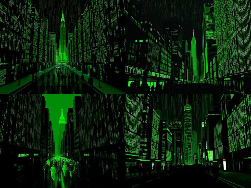 Matrix Cityscape of Green Code Figures
