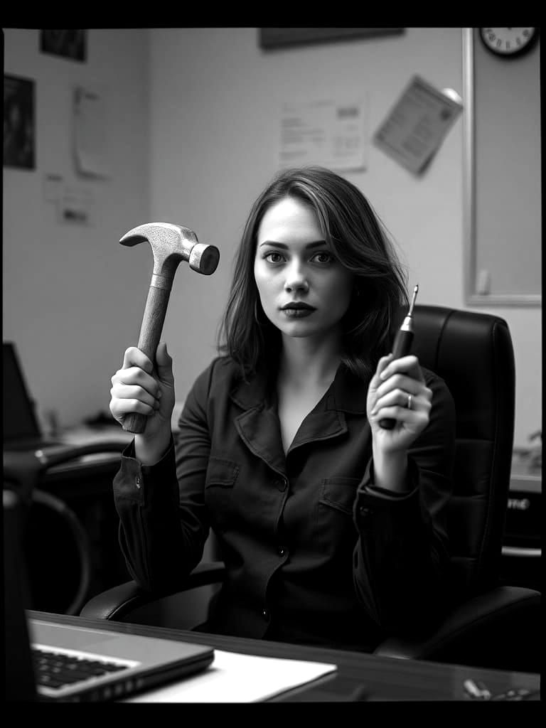 Woman with Tool Hands: Cinematic Film Still