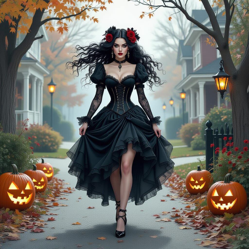 Ghostly Chic Woman on Halloween Street