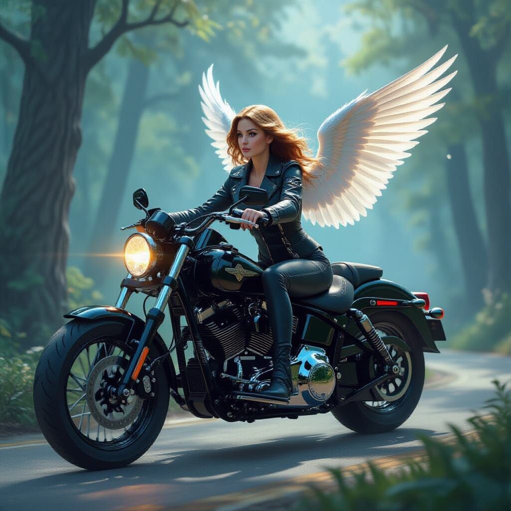 Angel Rides Motorcycle Through Ethereal Forest
