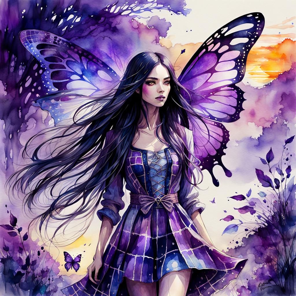 Alice in Watercolor Fairytale with Purple Butterflies