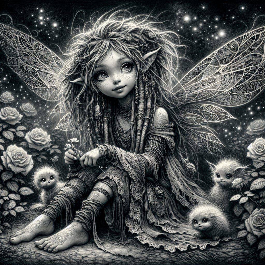 Hispanic Pixie in Rose Garden: Digital Art