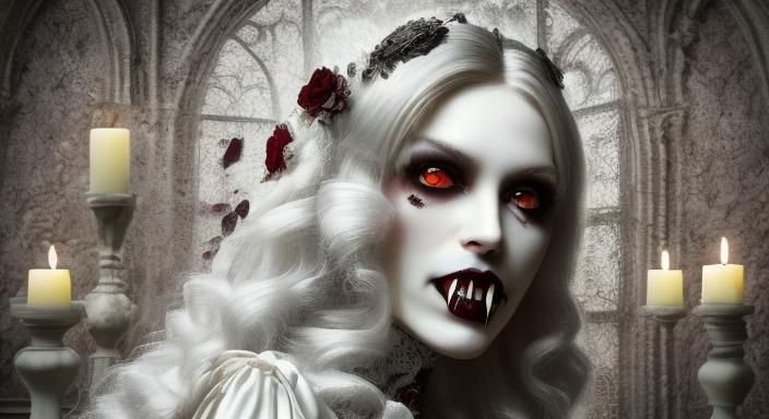 Ethereal Vampire Woman in Victorian Gothic Splendor