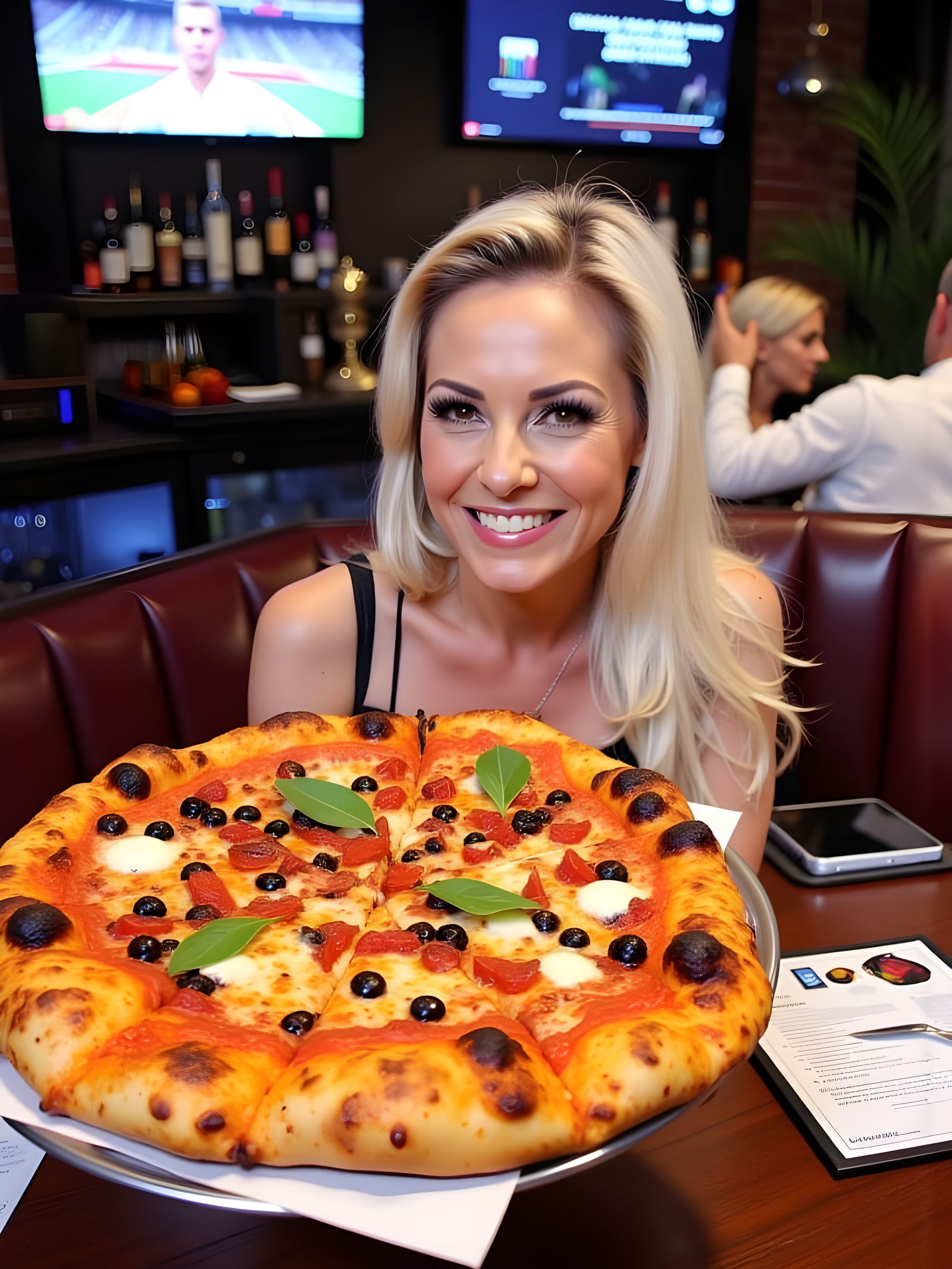 Smiling Blonde Waitress Serving Pizza in Sports Bar