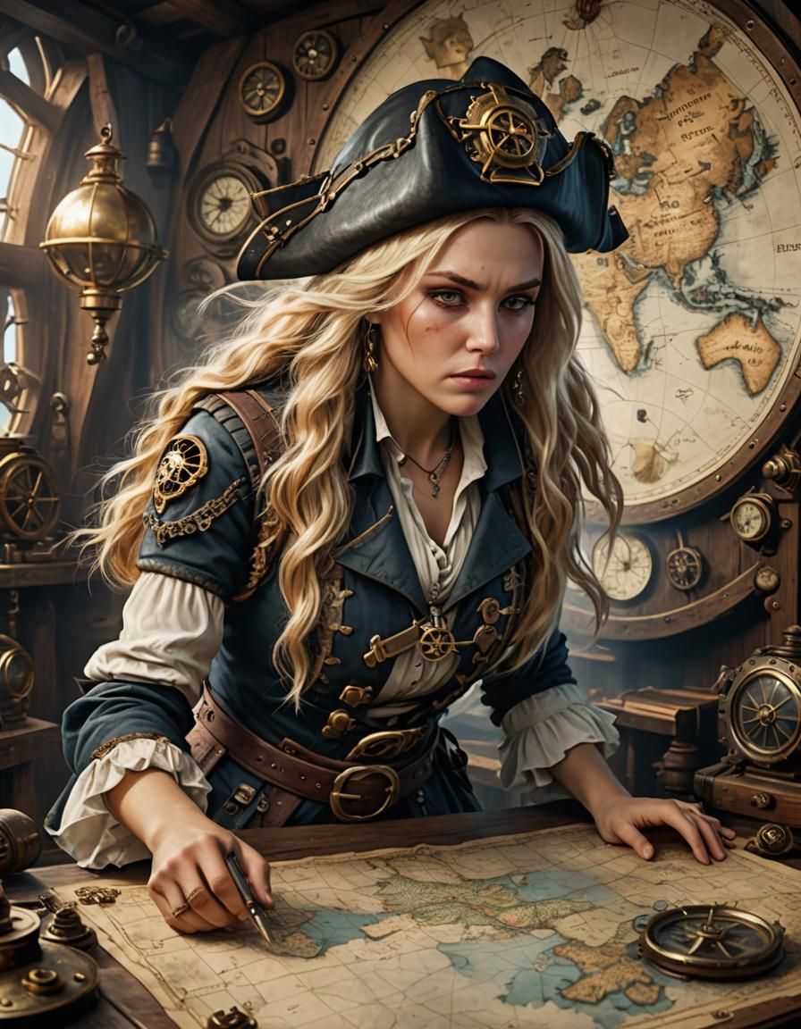 Medieval Pirate with Steampunk Engine, Digital Painting