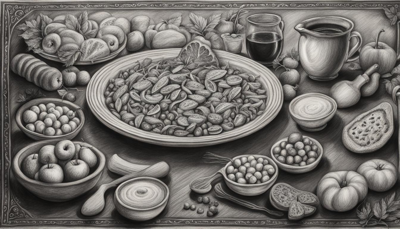 Detailed Charcoal Drawing: Chalk Style Food Scene