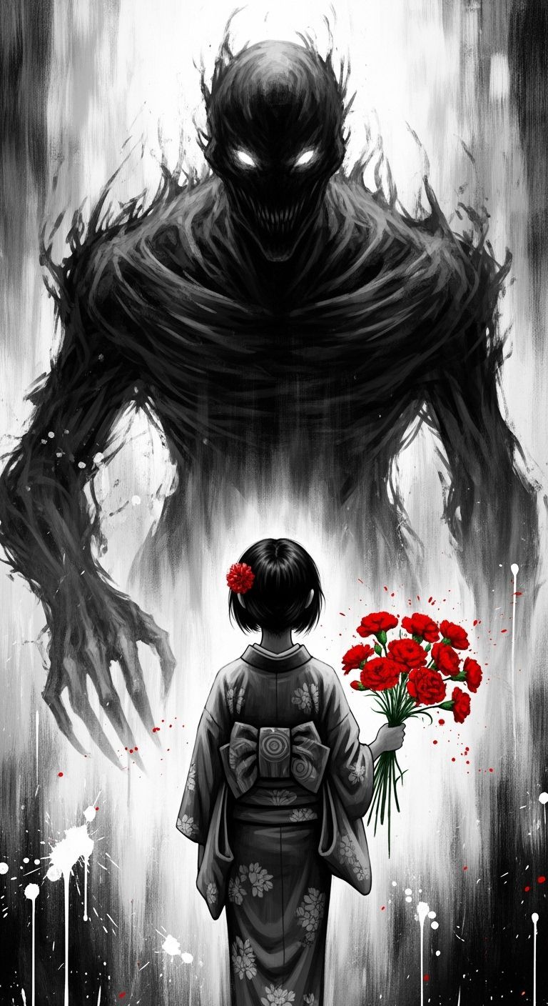 Girl and Monster with Carnations in Selective Color