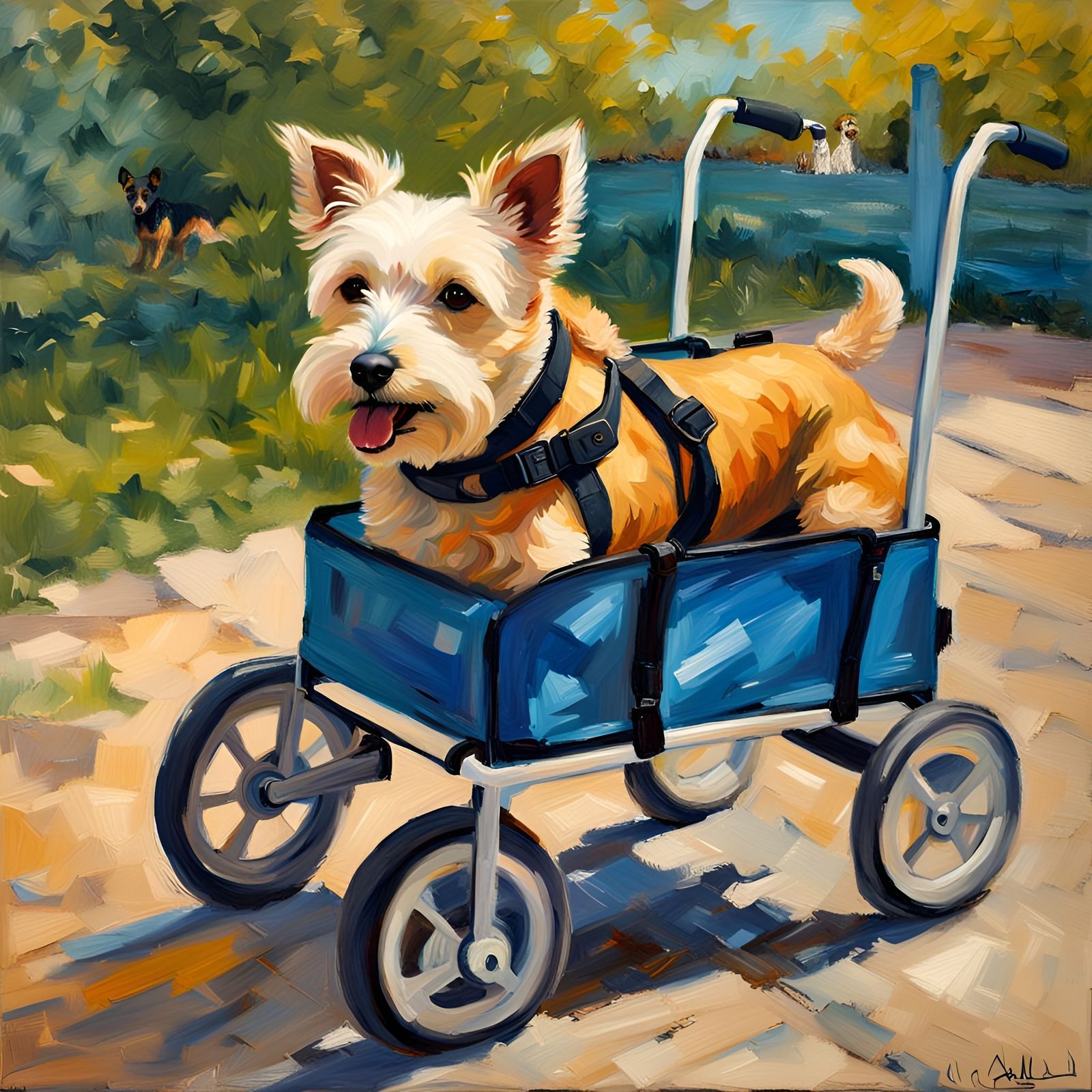 Happy Terrier Dog in Wheelchair: Alla Prima Painting