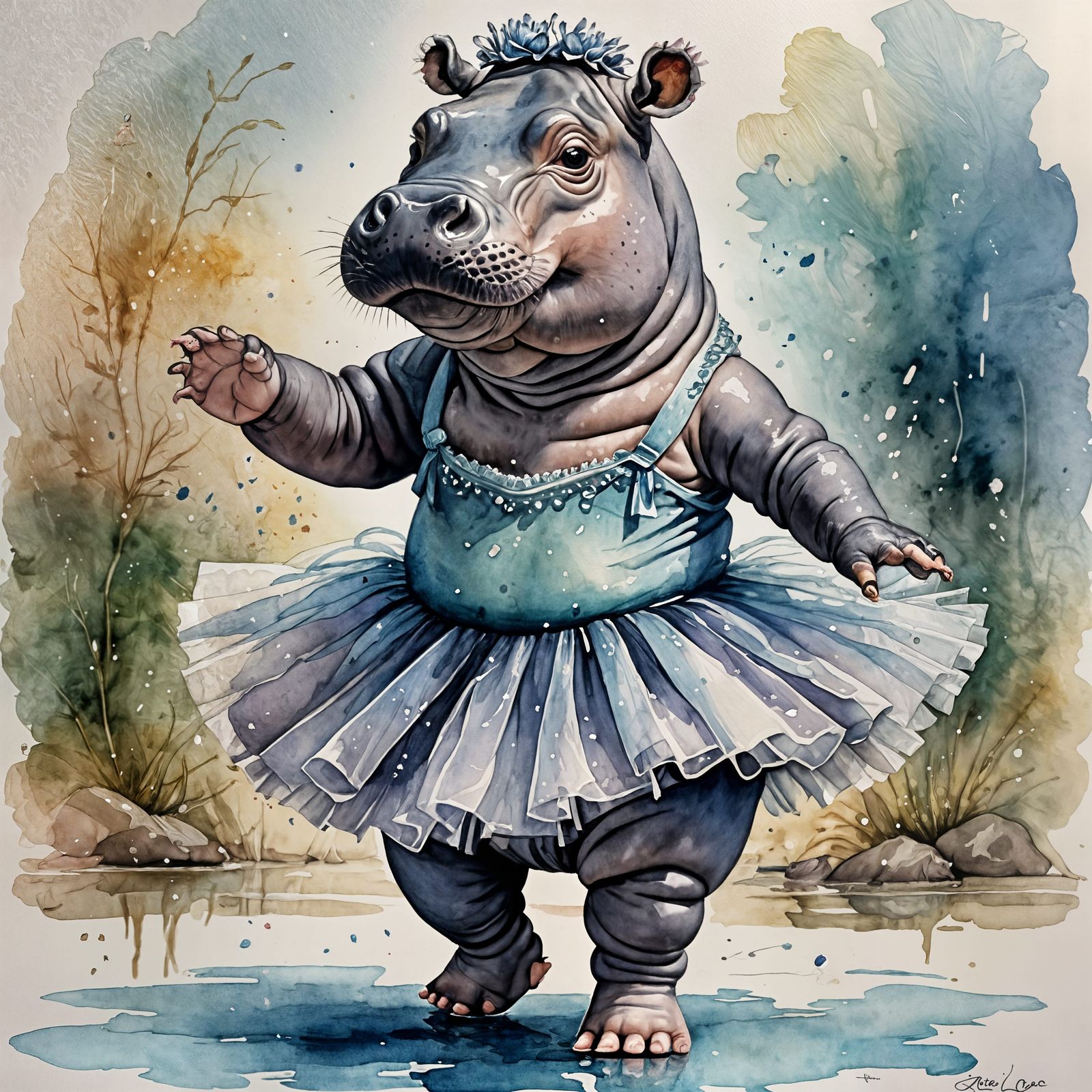 Hippo Ballerina in Watercolours
