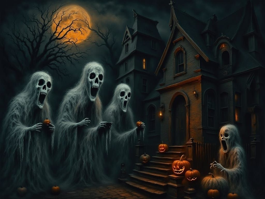 Undead Carolers Haunt Halloween Night in Surreal Digital Art