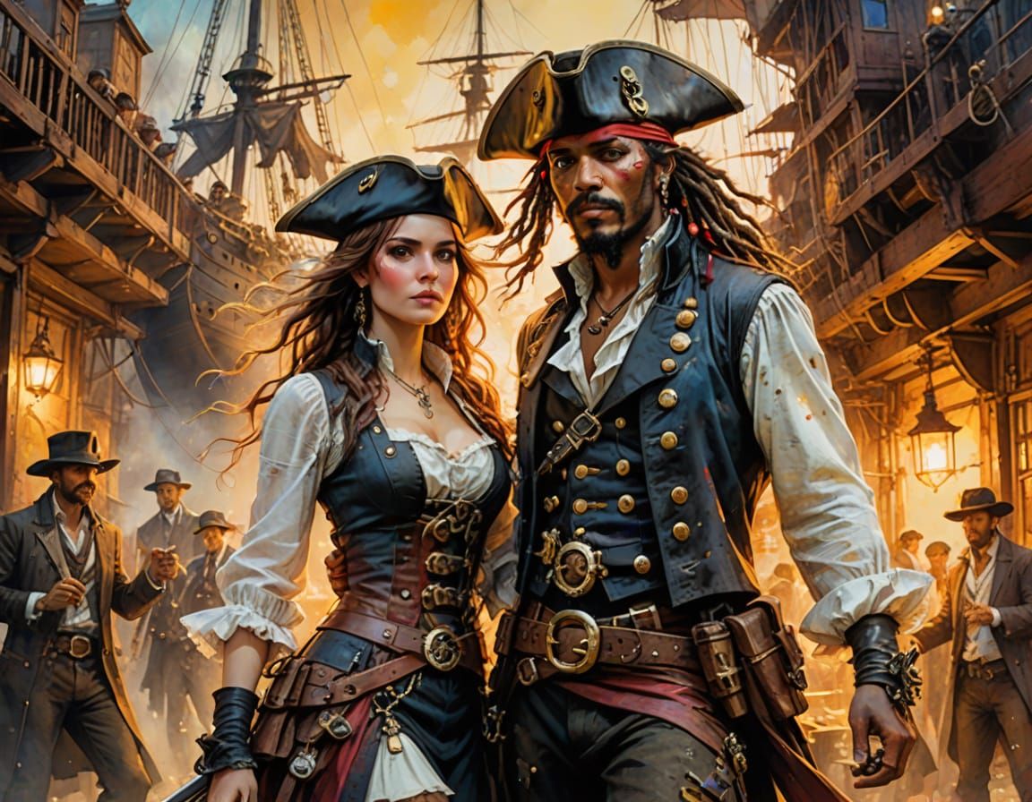 Steampunk Pirate Crew Sharing Treasure in Watercolor Style