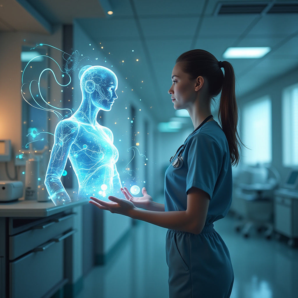 Futuristic Nurse and AI Assistant in Digital Art Style