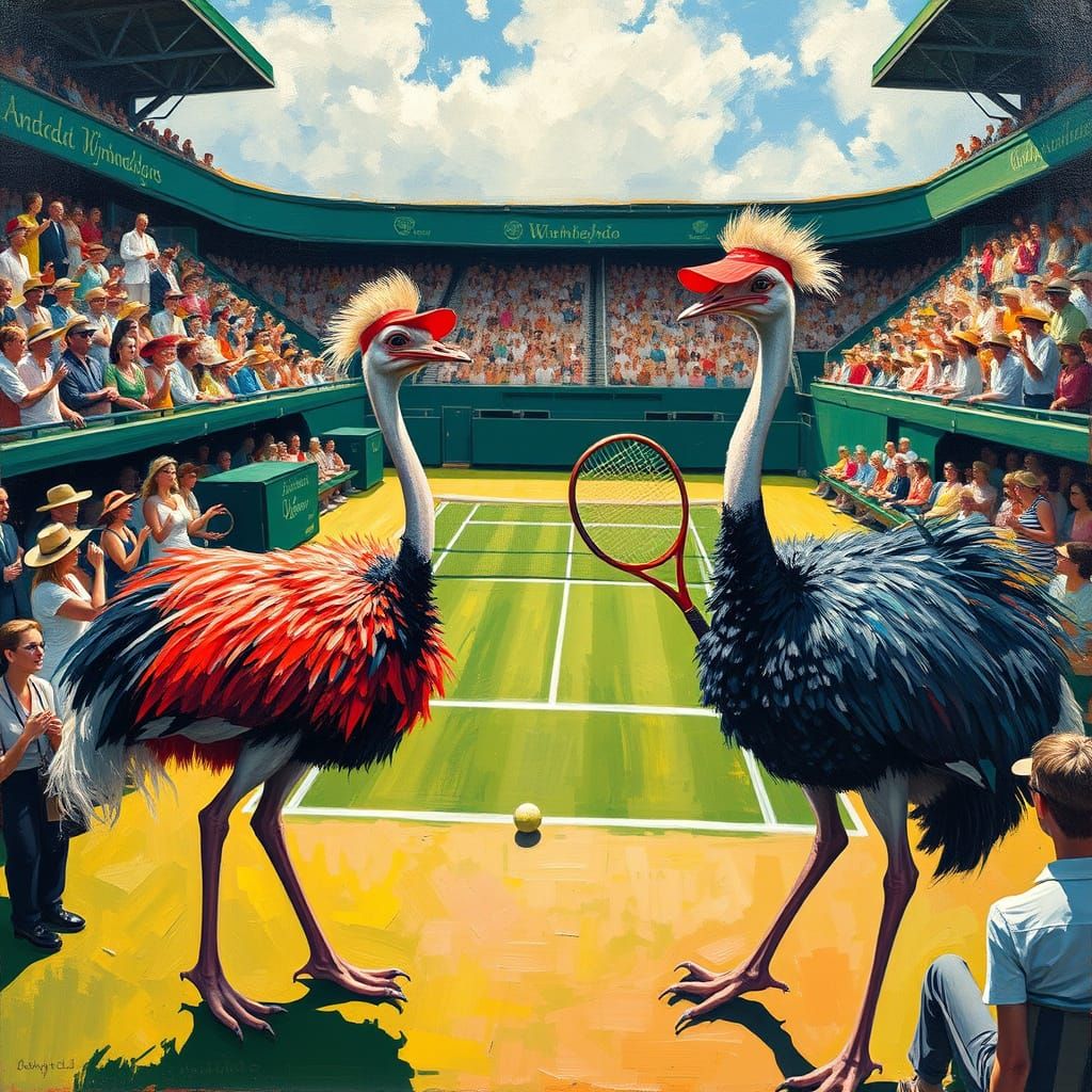Ostriches Play Tennis at Wimbledon, Neo-Impressionist Style