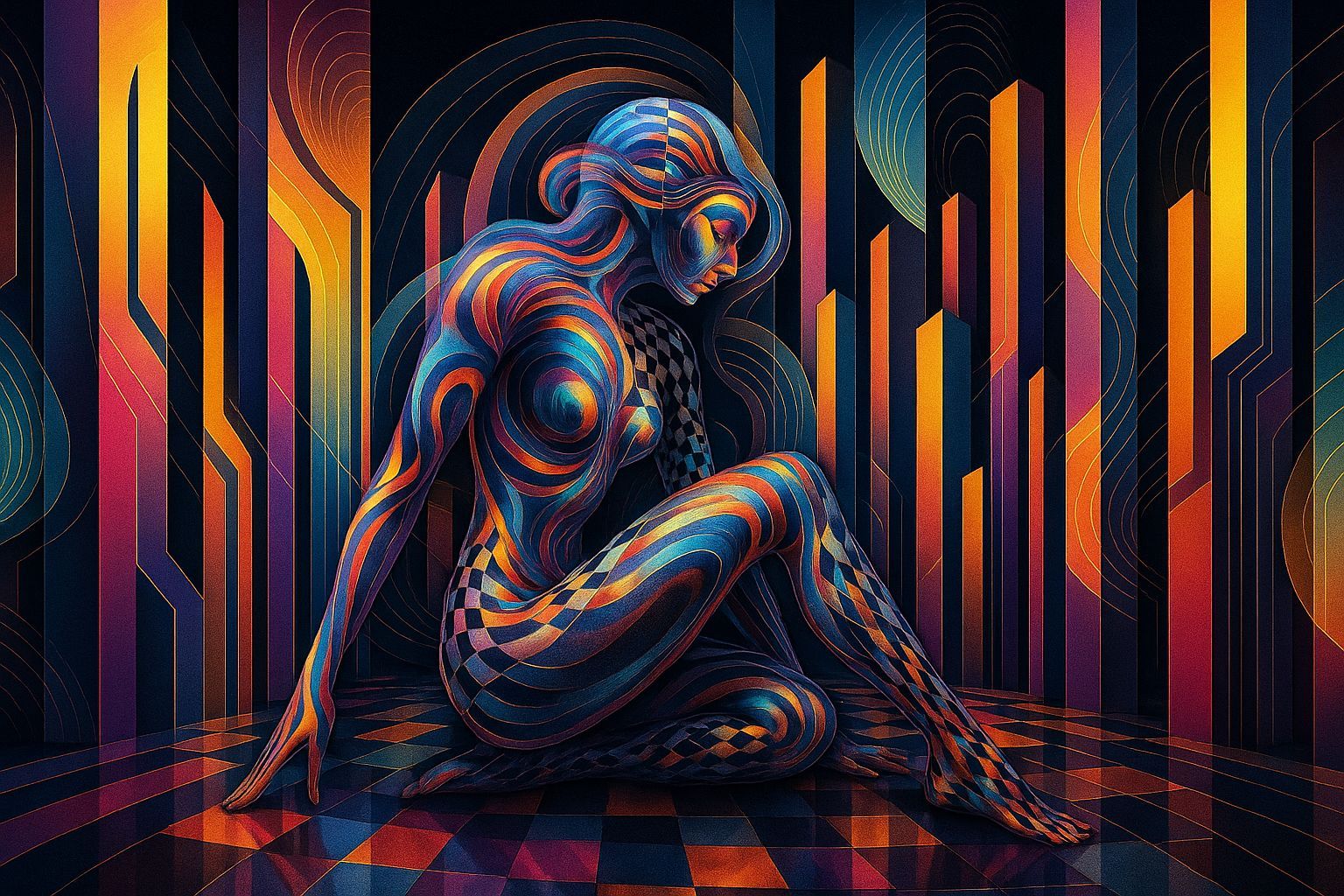 Abstract Humanoid in Escher Cityscape with Fractal Iridescen...