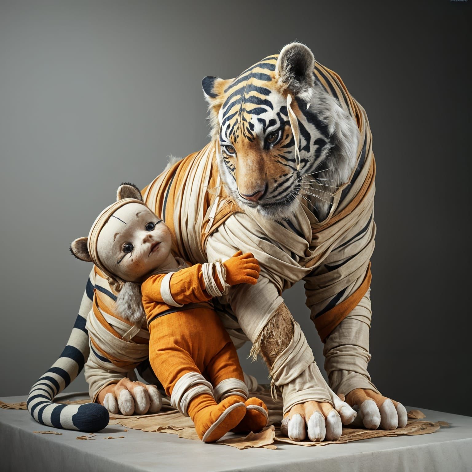 Ancient Tiger Engages in Whimsical Battle with Worn Ragdoll ...