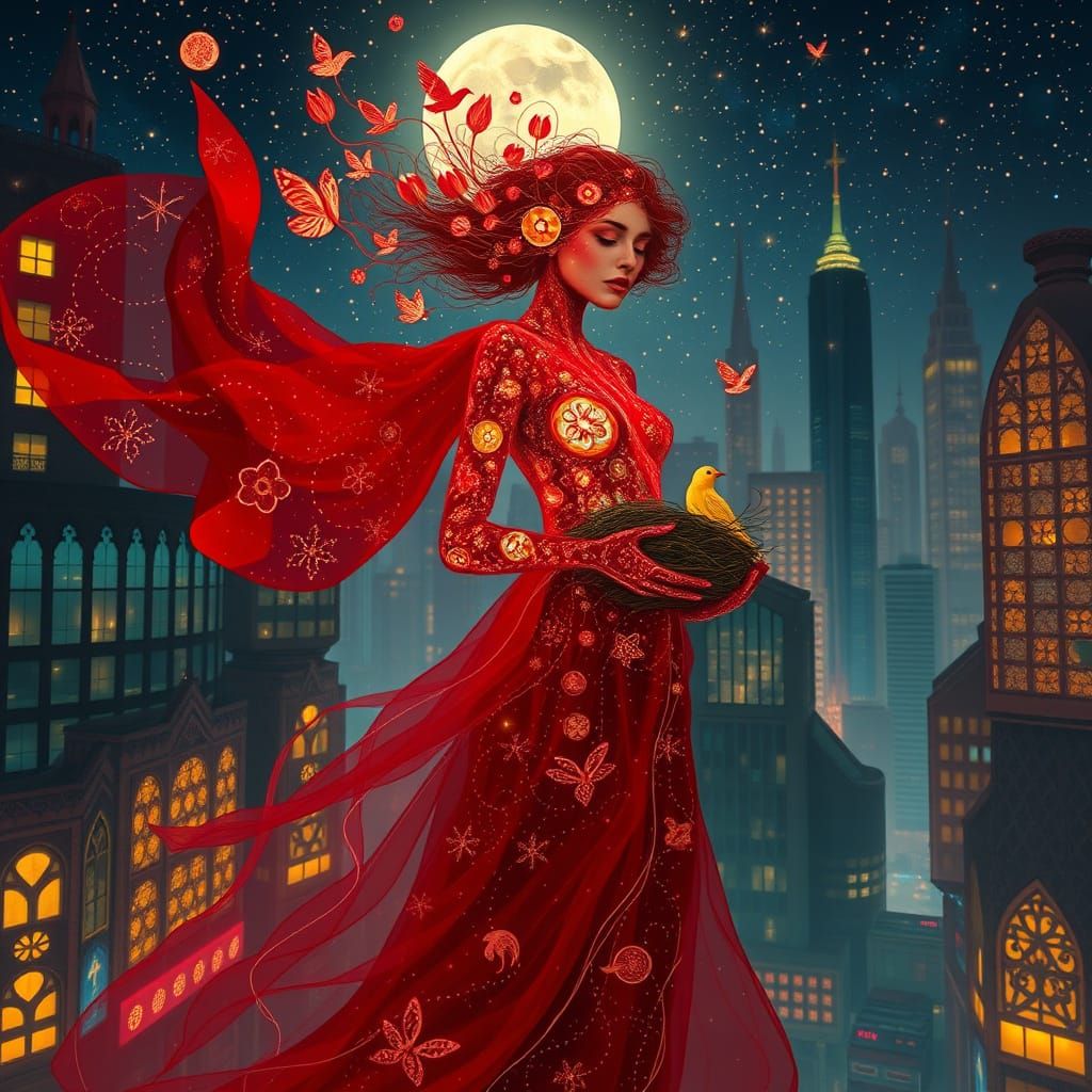 Ethereal Figure Amidst a Surreal Cityscape in Art Nouveau St...