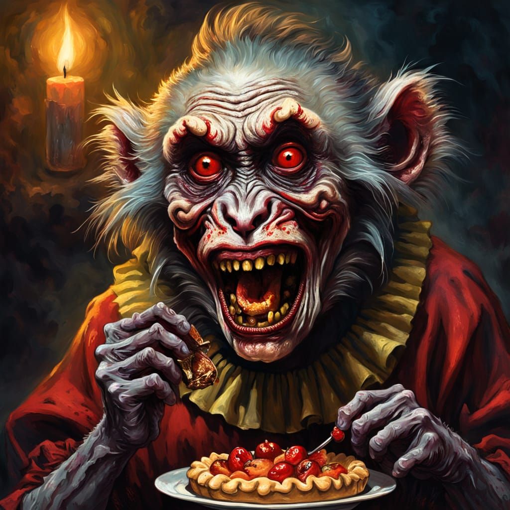 Eerie Zombie Clown Monkey in Dark Fantasy Oil Painting