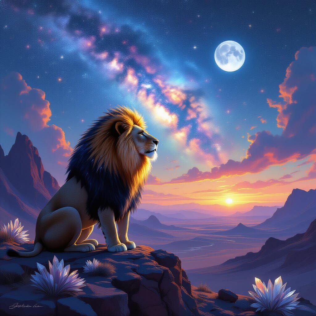 Cosmic Lion on Alien Desert in Digital Painting Style