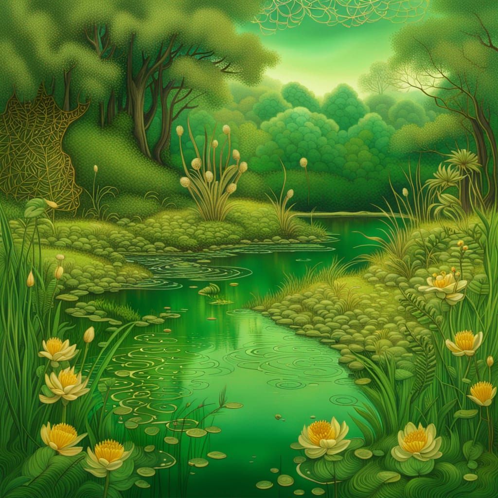 Fantastical Forest Lake with Golden Flowers