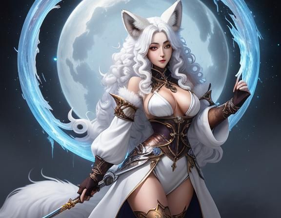Beautiful White Fox-Girl with Nine Tails, Fantasy Art