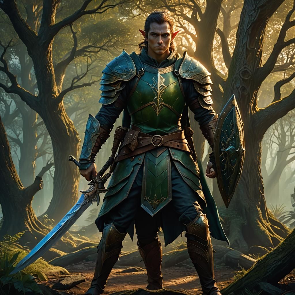 Mystic Elf Warrior in Forest Sunset, Digital Painting