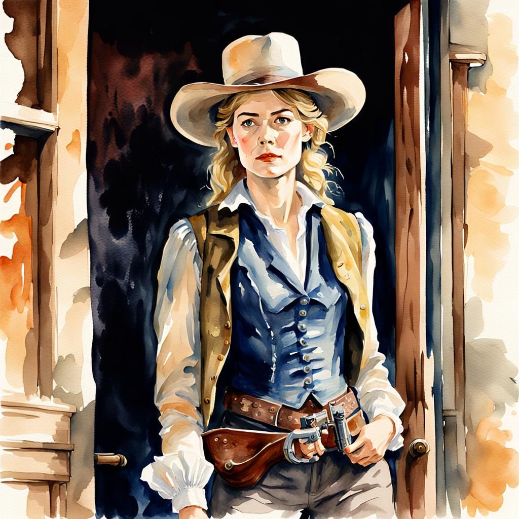 Rosamund Pike as Gunfighter: Impressionistic Watercolor Port...