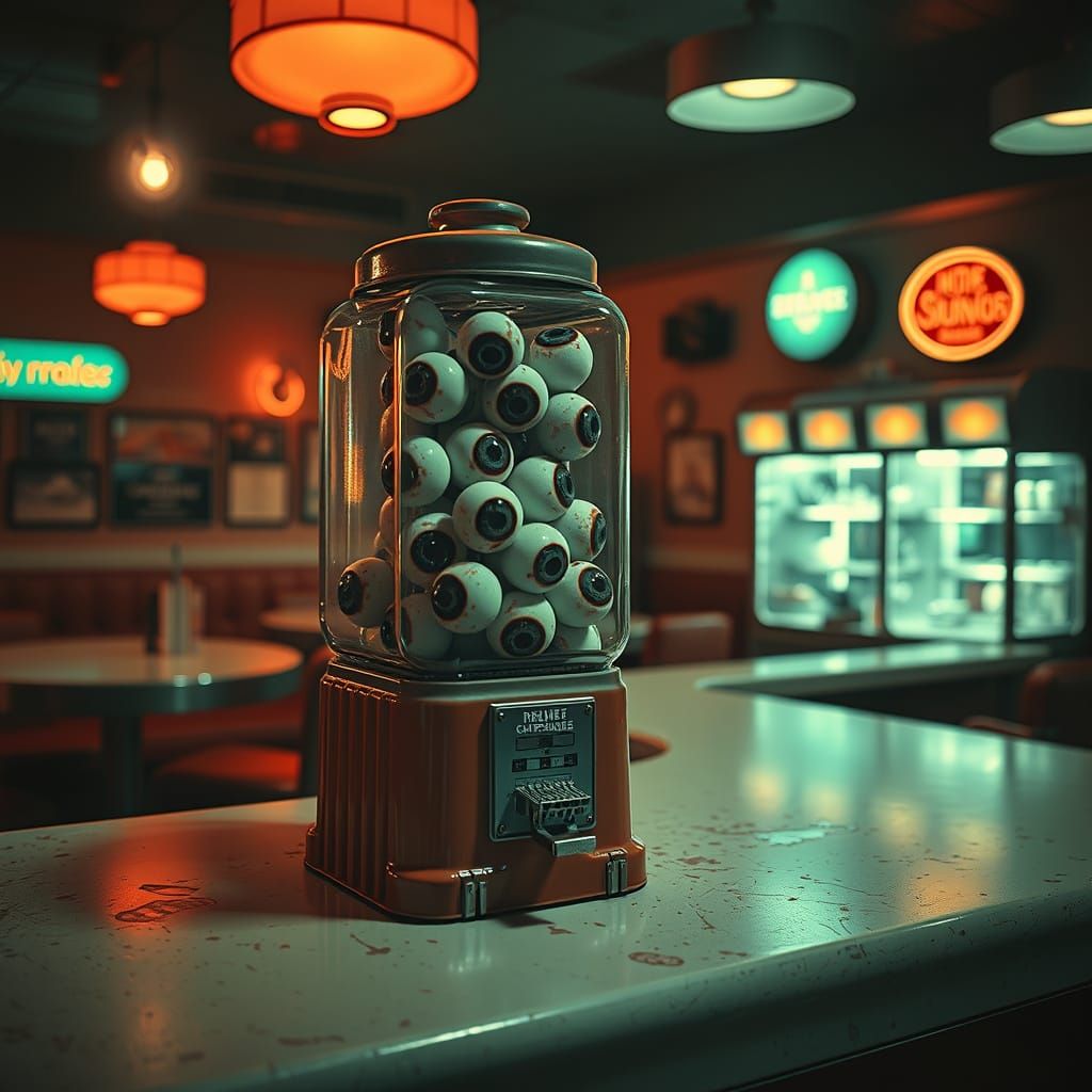 Eerie Gumball Dispenser in 1950s Cafe
