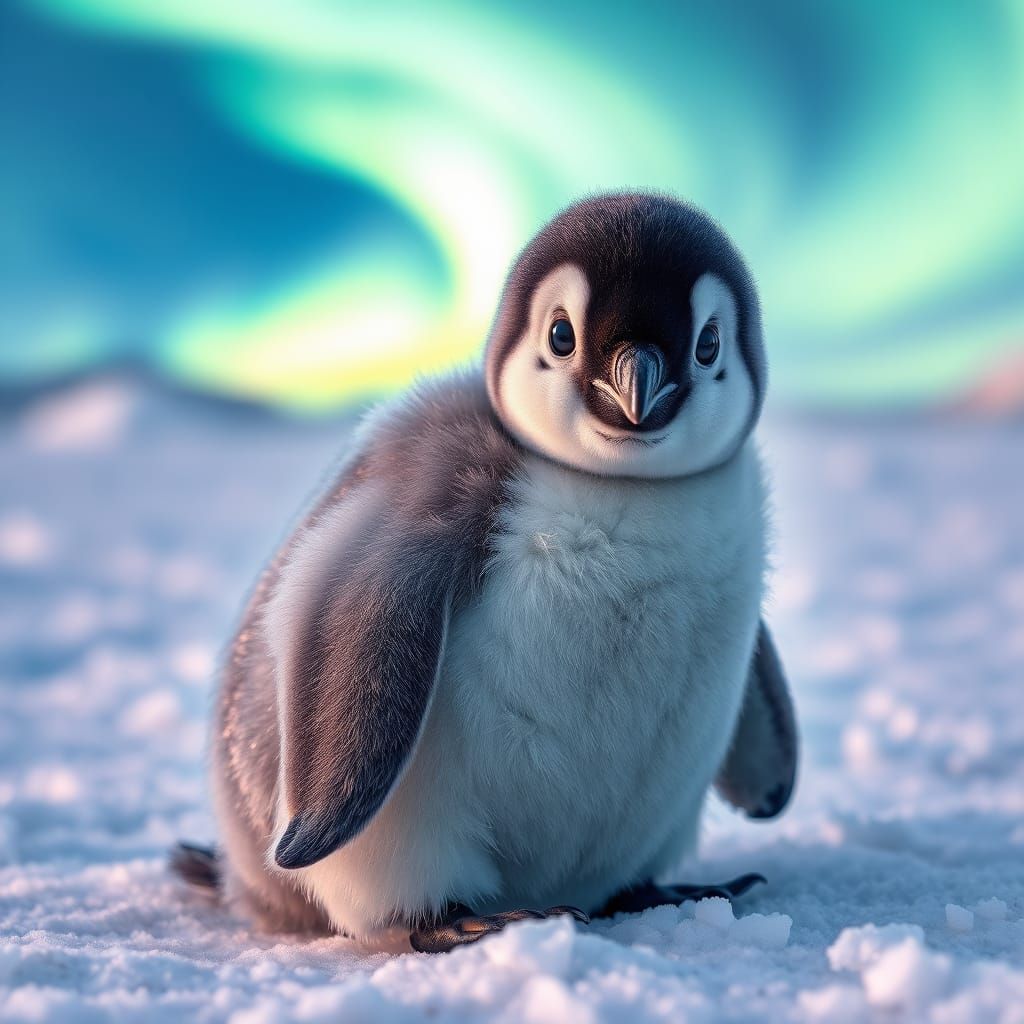 Baby Penguin Under Aurora Australis: Hyper-Realistic Wildlif...