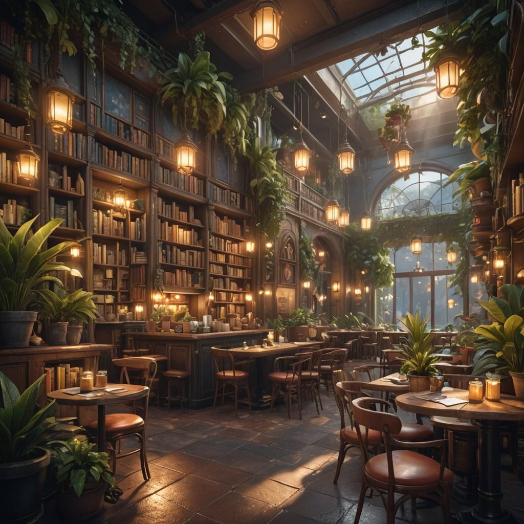 Book Cafe with Plants in Warm Lighting