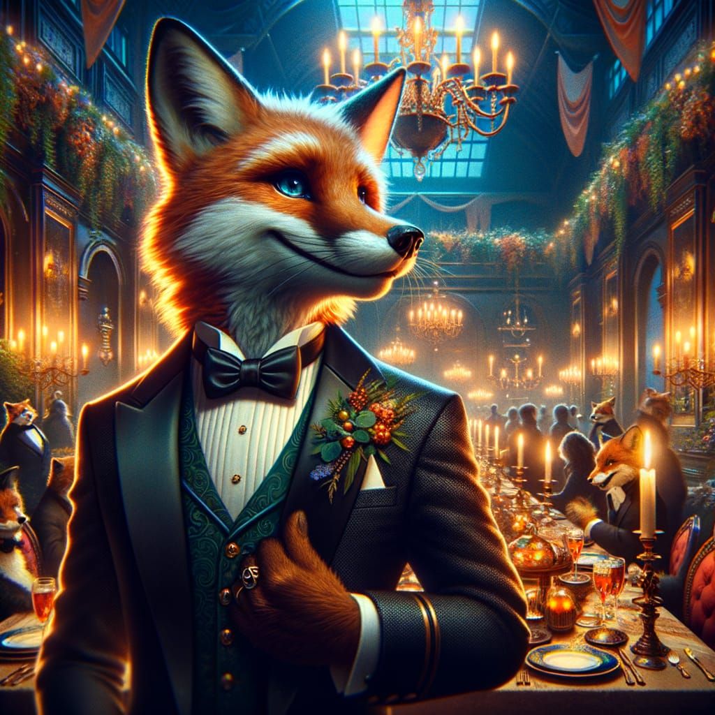 Anthropomorphic Fox in Tuxedo at Enchanting Dinner Party